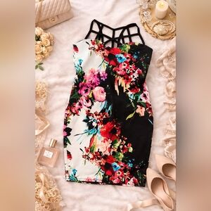 VENUS Black & White Floral Strappy Bodycon Mini Dress